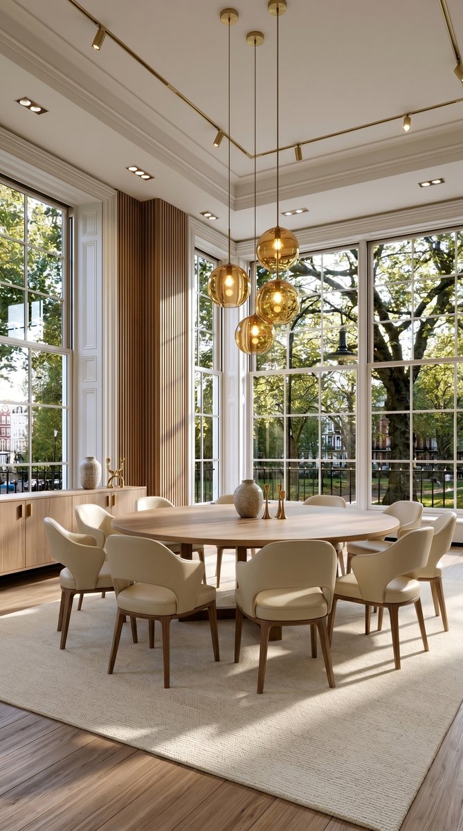 AI-generated Modern Fluted Walnut dining room with light walnut fluted accent wall, round light walnut dining table, cream leather chairs, and brass globe pendant lights