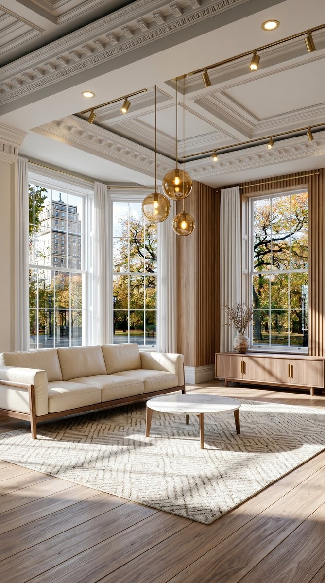 AI-generated Modern Fluted Walnut living room with light walnut fluted accent wall, cream leather sofa, white marble coffee table, and brass globe pendant lights