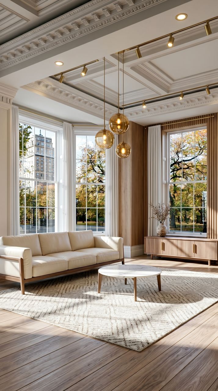 Fluted walnut modern living room with warm timber, clean lines, and contemporary sophistication