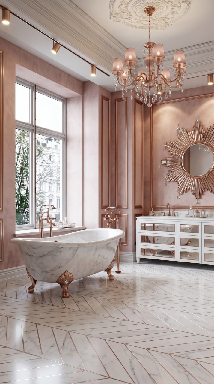 AI-generated Blush Glam bathroom with white marble bathtub, rose gold claw feet, crystal chandelier, and blush pink walls
