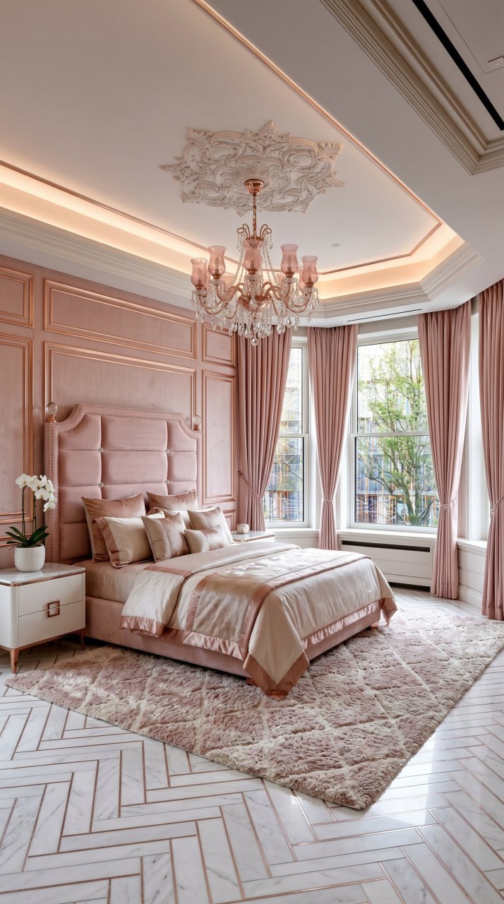 AI-generated Blush Glam bedroom with blush pink velvet bed, rose gold headboard, crystal chandelier, and blush pink walls
