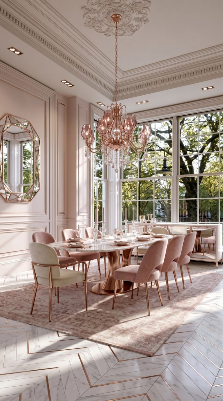 AI-generated Blush Glam dining room with white marble table, blush pink velvet chairs, rose gold chandelier, and blush pink walls