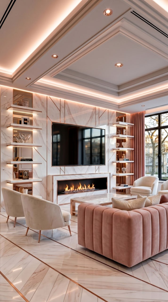 AI-generated Blush Glam living room with blush pink velvet sofa, white marble coffee table, rose gold chandelier, and blush pink walls