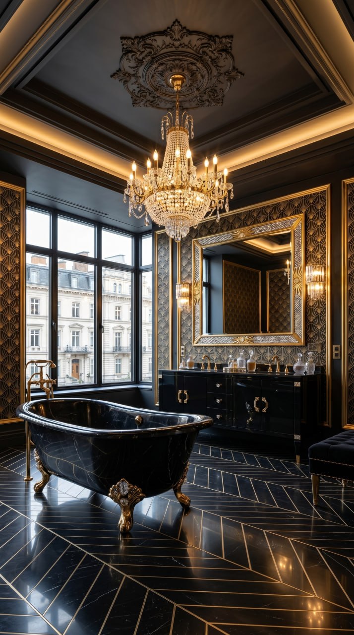 AI-generated Hollywood Glam bathroom with black marble bathtub, gold claw feet, crystal chandelier, and black walls with gold geometric wallpaper