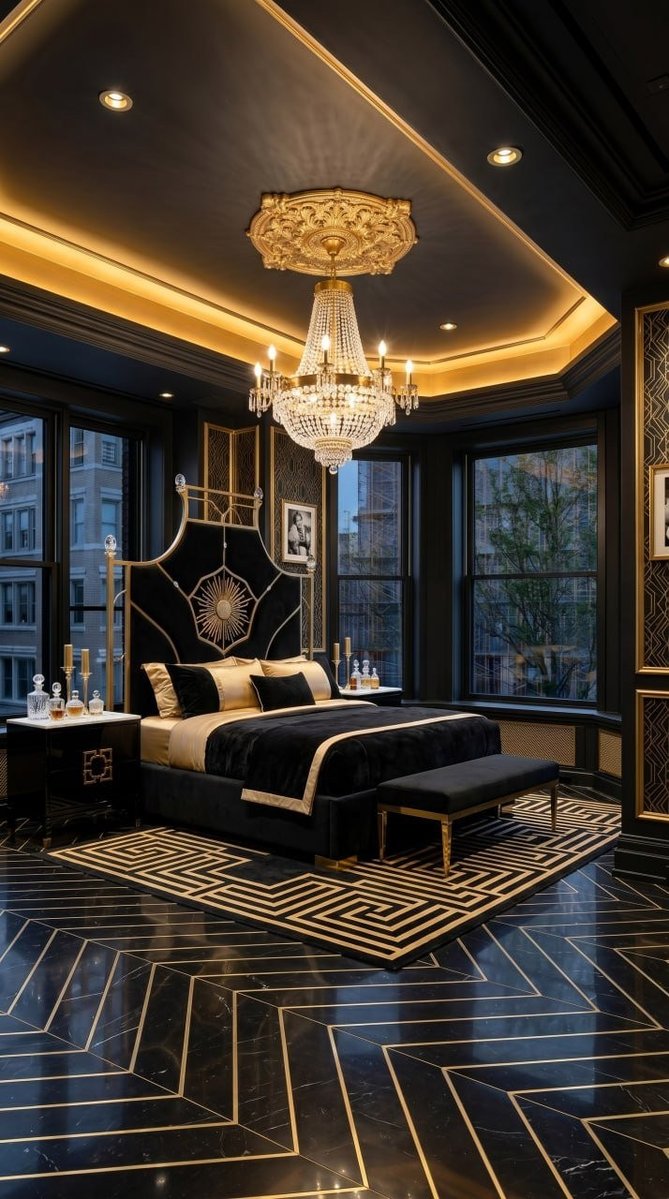 Hollywood glam bedroom with mirrored surfaces, velvet upholstery, and dramatic statement lighting