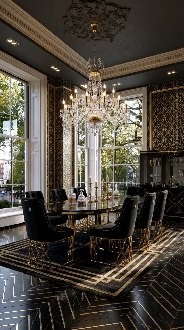 AI-generated Hollywood Glam dining room with black marble table, gold veining, crystal chandelier, and black and gold geometric rug