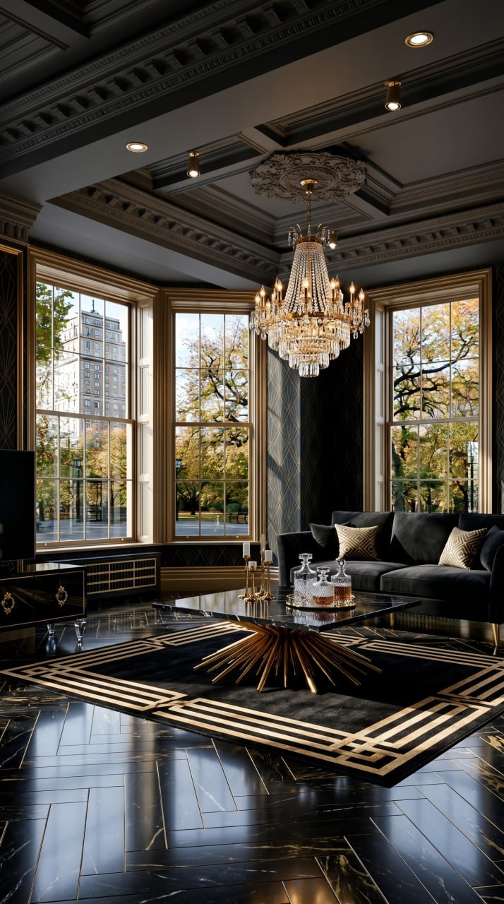 AI-generated Hollywood Glam living room with black velvet sofas, gold accents, dark marble coffee table, and brass chandelier