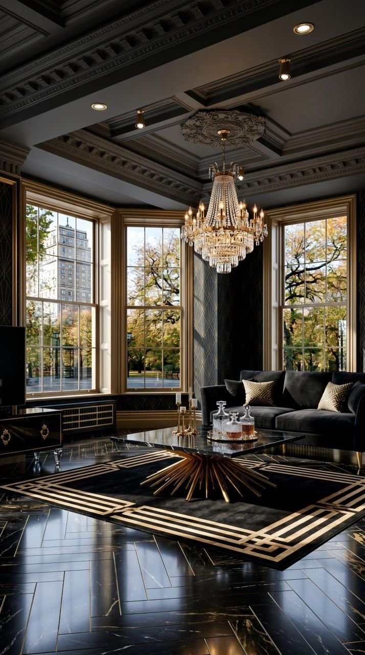 Glam Hollywood living room with metallic finishes, dramatic lighting, and theatrical luxury styling