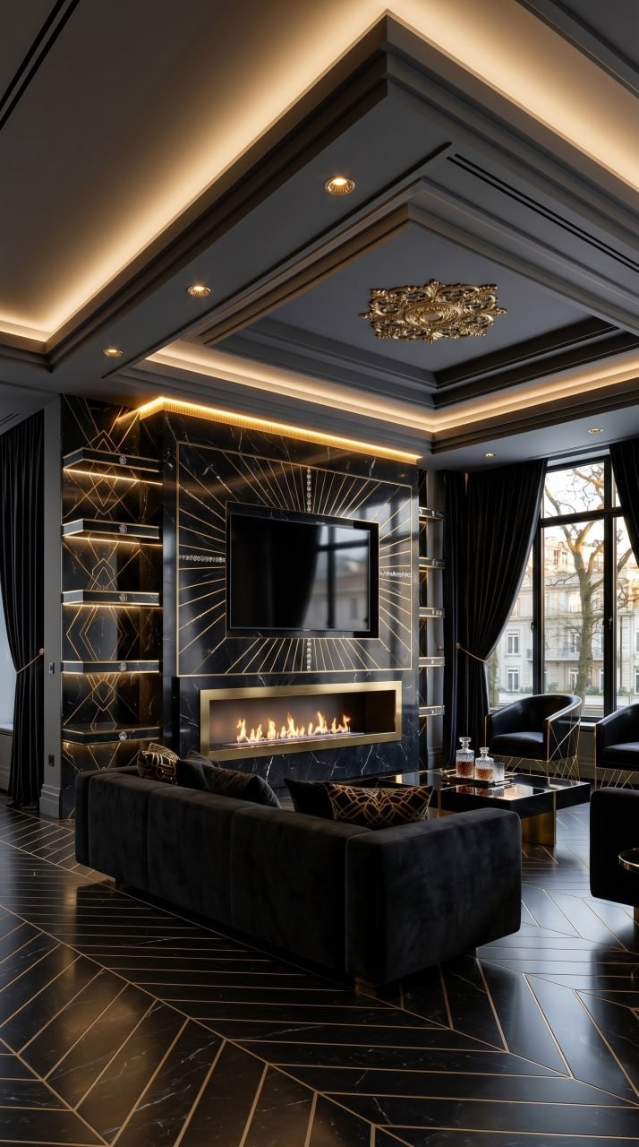 Hollywood glam media wall with black marble panels, gold sunburst inlay, velvet seating, and dramatic cove lighting