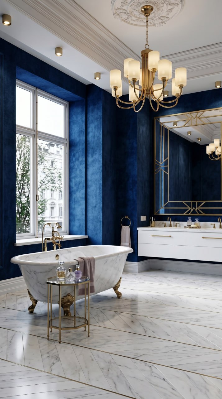 AI-generated Quiet Glam bathroom with white marble bathtub, brass claw feet, brass chandelier, and sapphire blue walls