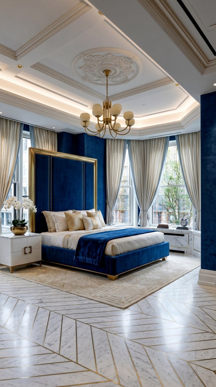 AI-generated Quiet Glam bedroom with sapphire blue velvet bed, white lacquer nightstands, brass chandelier, and cream and gold rug