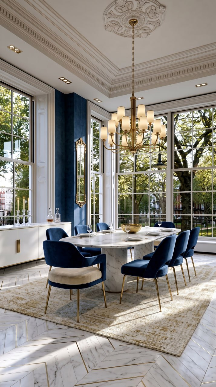 AI-generated Quiet Glam dining room with white marble table, sapphire blue velvet chairs, brass chandelier, and cream and gold rug