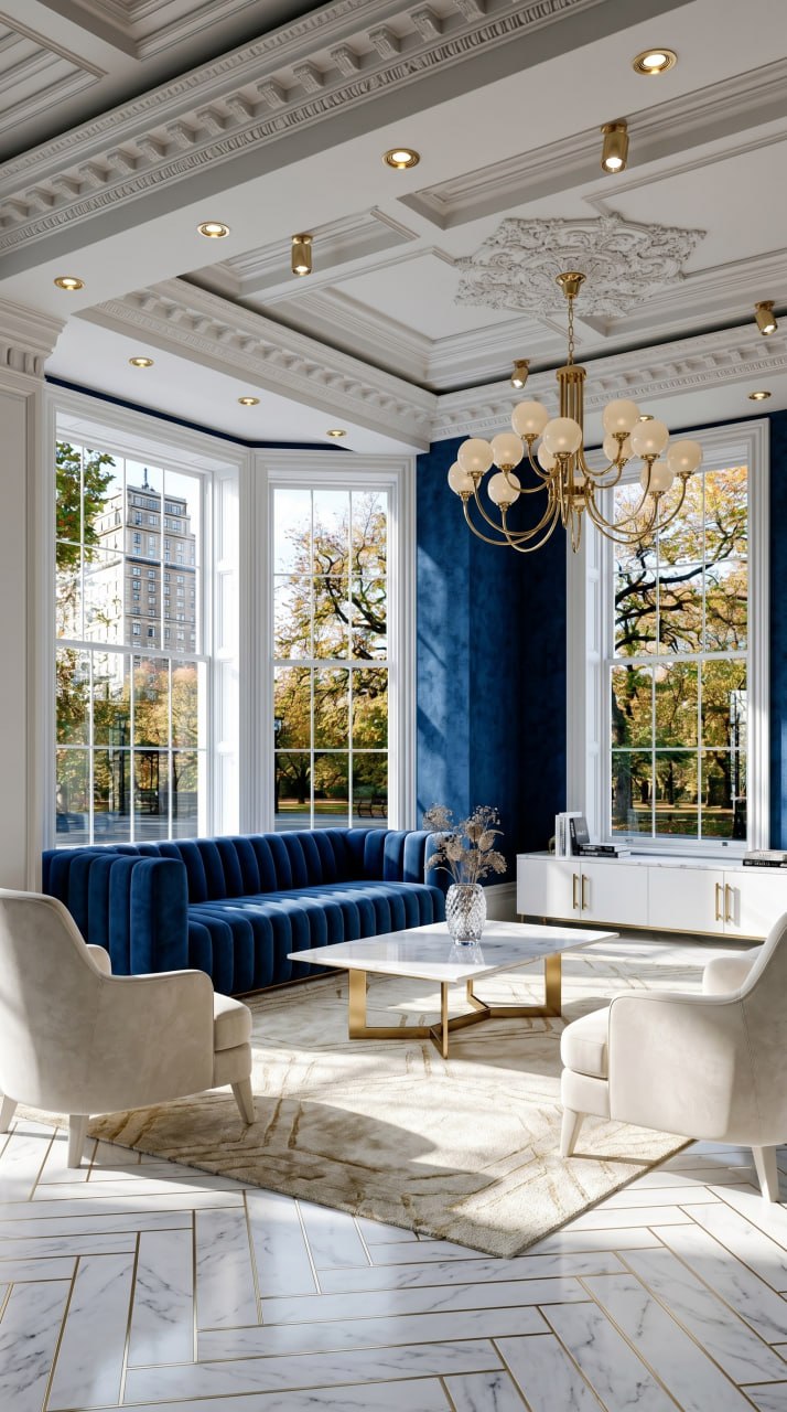 AI-generated Quiet Glam living room with sapphire blue velvet sofa, white marble coffee table, brass chandelier, and cream armchairs