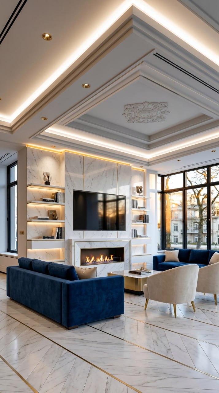 AI-generated Quiet Glam media wall with white marble panels, brass inlay, sapphire blue velvet sofa, and brass chandelier