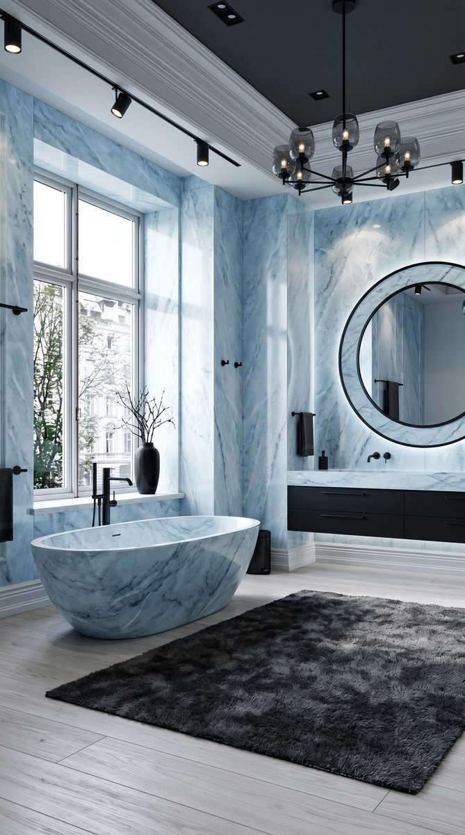 AI-generated Classic Icy Blue bathroom with icy blue marble walls, marble bathtub, matte black vanity, and matte black chandelier