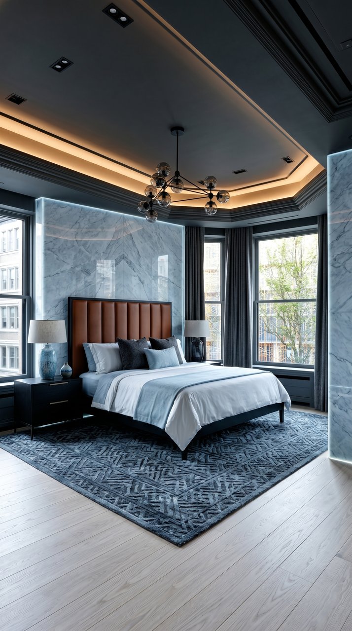 Classic icy blue bedroom with cool tones, marble accents, and elegant proportions