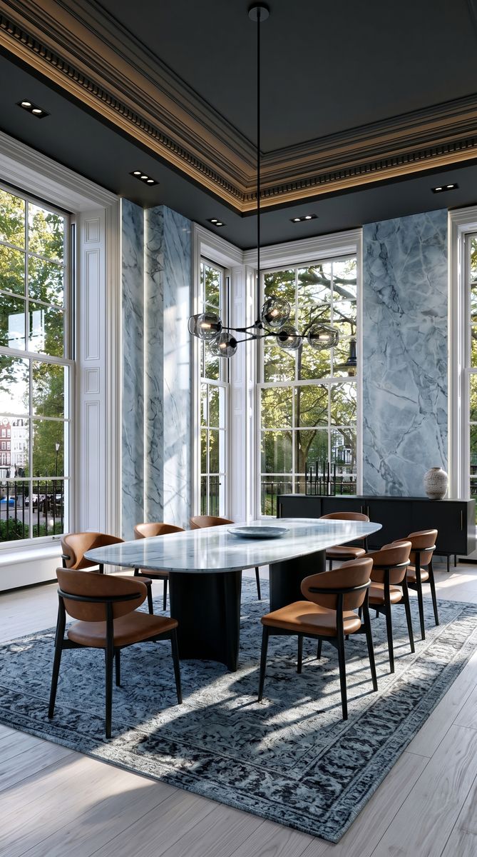 AI-generated Classic Icy Blue dining room with icy blue marble walls, oval marble dining table, cognac leather chairs, and matte black chandelier