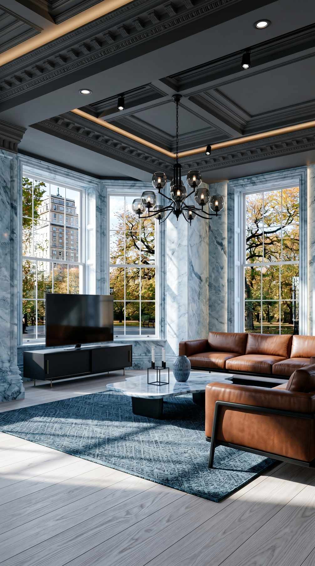 Classic icy blue living room with cool tones and elegant proportions