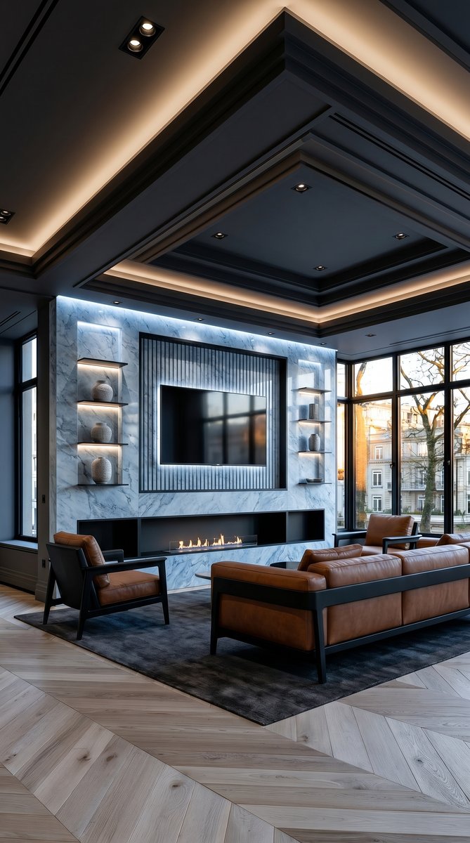 AI-generated Classic Icy Blue media wall with icy blue marble panels, 75-inch TV, linear fireplace, and cognac leather sofa