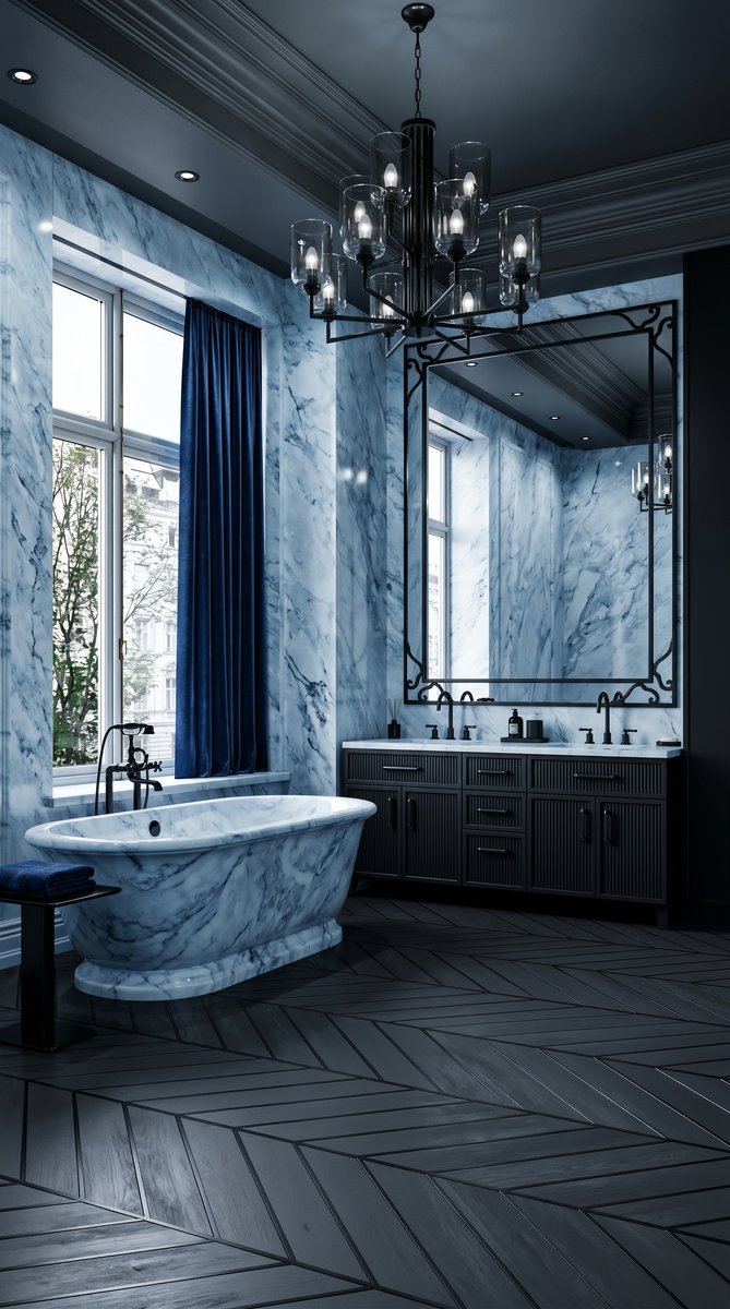 AI-generated Luxe Icy Blue bathroom with intense icy blue marble walls, marble bathtub, and oversized matte black chandelier