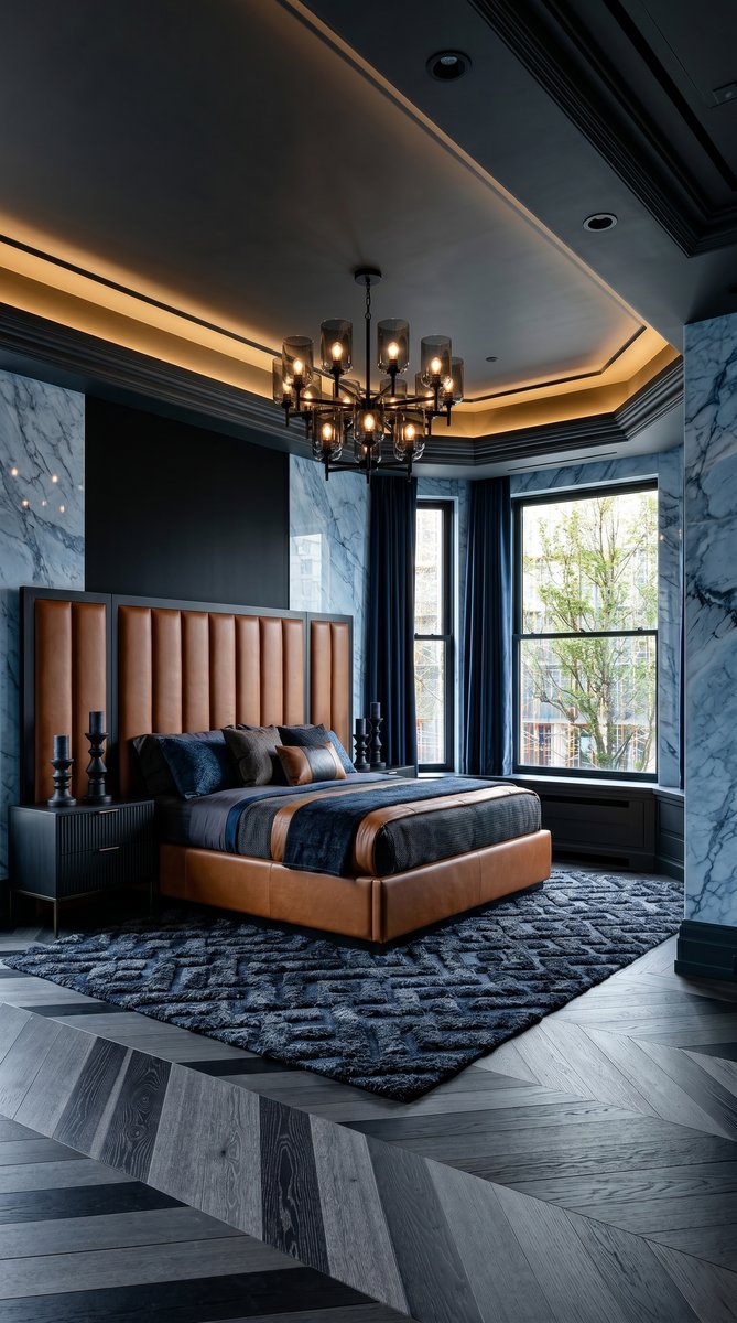 AI-generated Luxe Icy Blue bedroom with intense icy blue marble walls, cognac leather bed, and oversized matte black chandelier