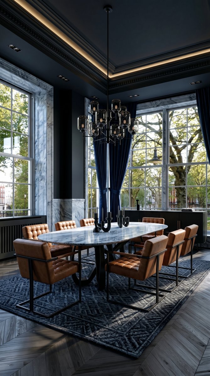 AI-generated Luxe Icy Blue dining room with intense icy blue marble walls, oval marble dining table, and oversized matte black chandelier