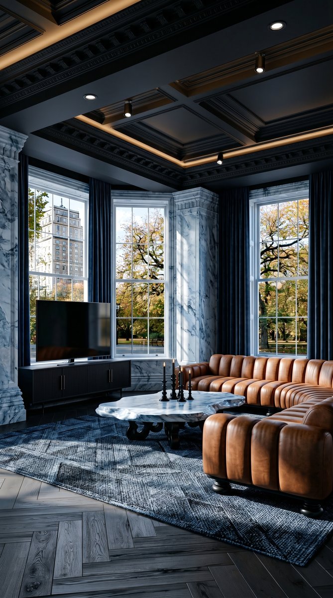 AI-generated Luxe Icy Blue living room with intense icy blue marble walls, cognac leather sectional, and oversized matte black chandelier