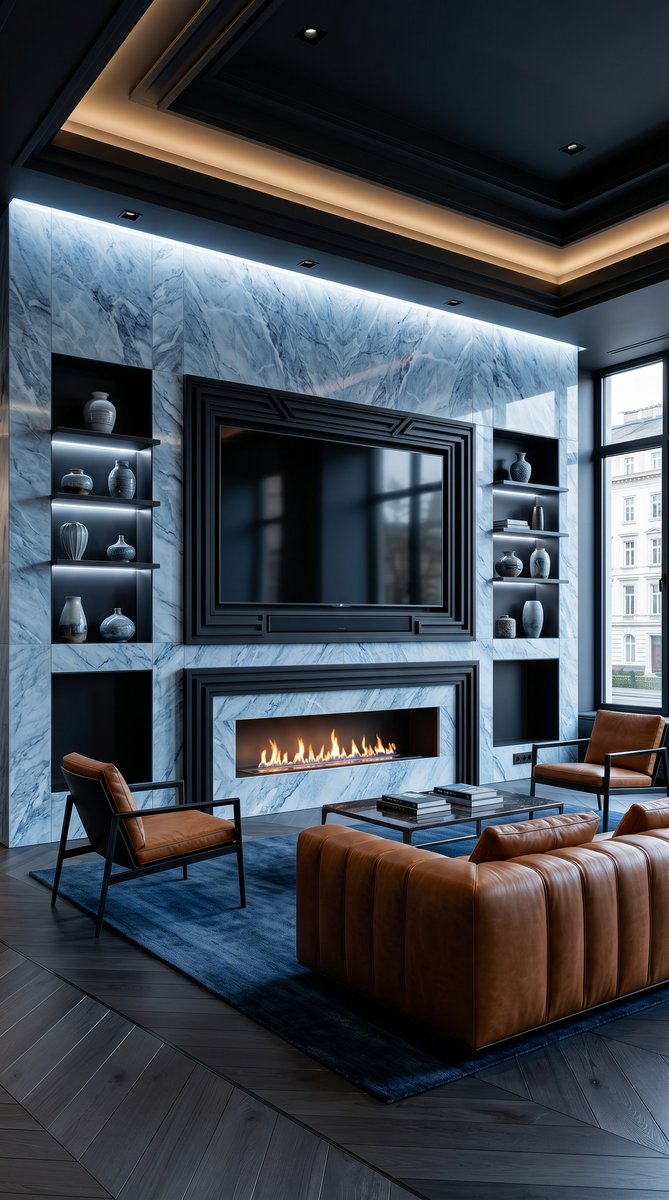AI-generated Luxe Icy Blue media wall with intense icy blue marble panels, 85-inch TV recessed, and linear fireplace