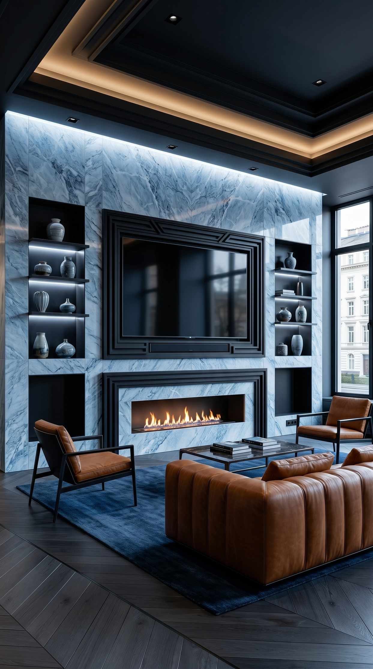 Luxe icy blue media wall with cool tones and elegant proportions