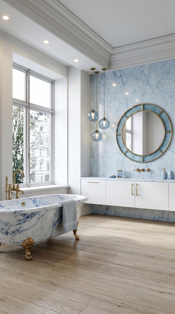 AI-generated Modern Icy Blue bathroom with soft blue marble accent wall, white marble bathtub, and brass globe pendant lights