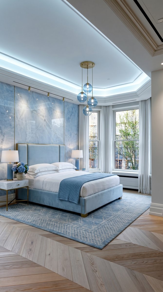 AI-generated Modern Icy Blue bedroom with soft blue marble accent wall, light blue velvet bed, and brass globe pendant lights