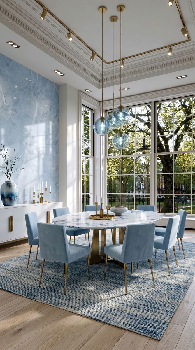 AI-generated Modern Icy Blue dining room with soft blue marble accent wall, white marble dining table, and brass globe pendant lights