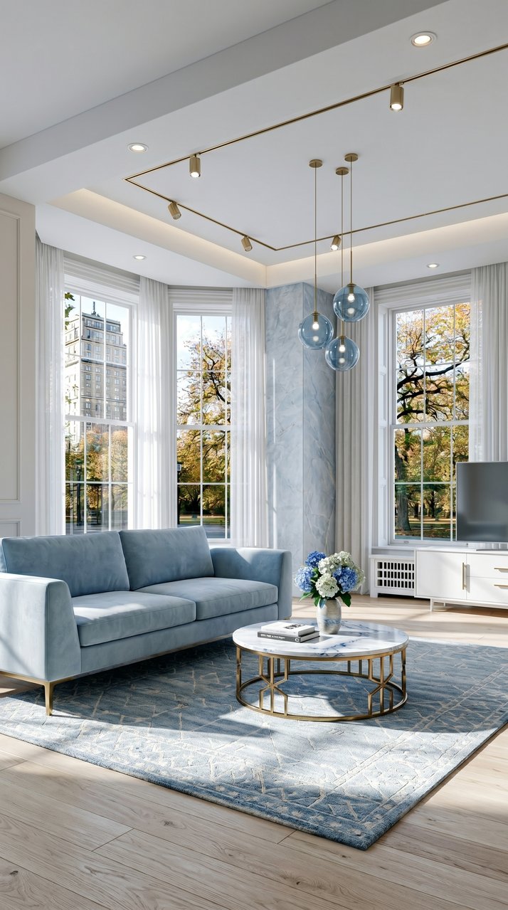 Icy blue modern living room with cool tones, marble accents, and refined elegant proportions