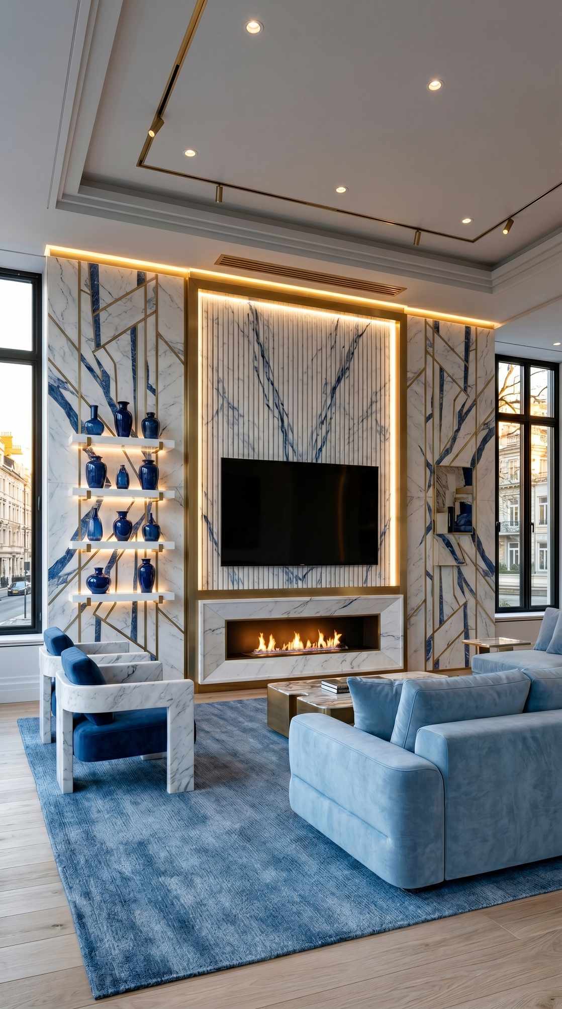 Icy blue TV wall with blue-veined marble, fluted centre panel and light blue sofas