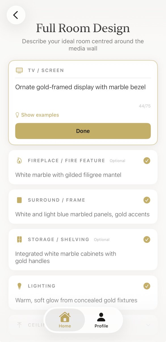 Aspire Interiors app screen showing AI-extracted design elements: TV, fireplace, surround, storage, lighting