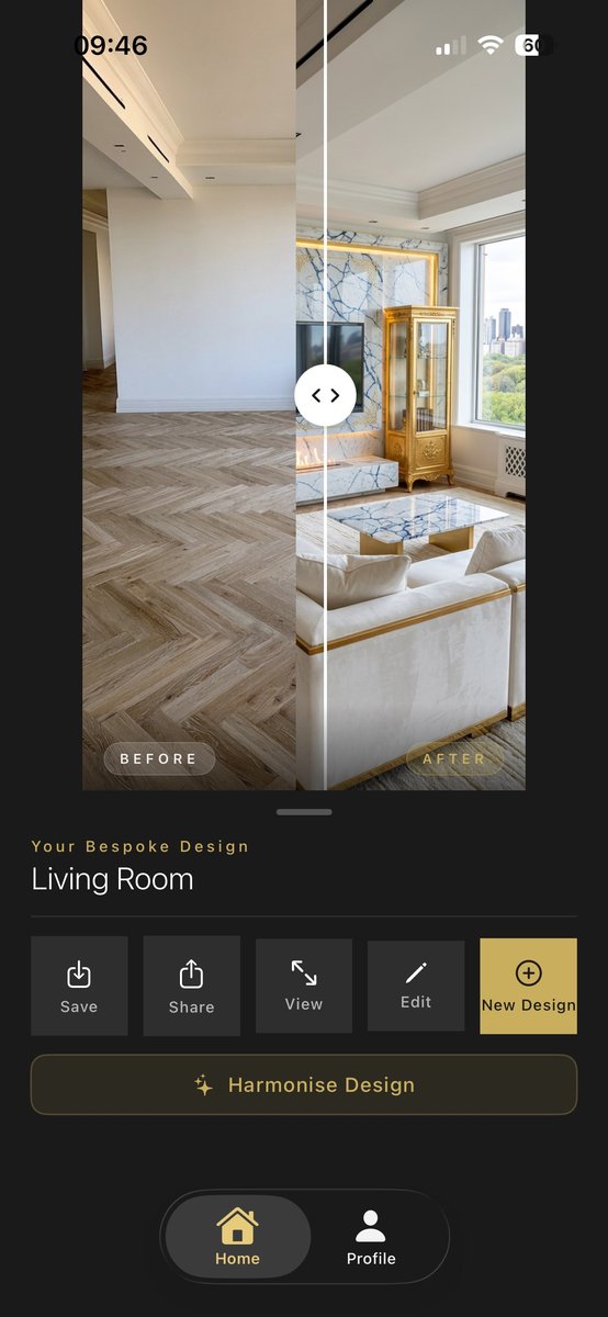 Aspire Interiors app showing before and after split view of empty room versus AI-generated media wall design