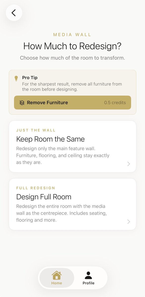 Aspire Interiors app screen showing design mode options: Keep Room Same, Change Elements, Full Room Design