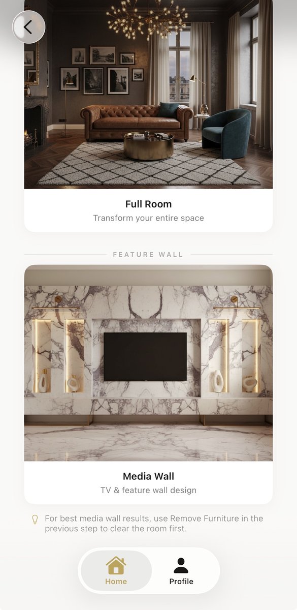 Aspire Interiors app screen showing Full Room vs Media Wall design scope options