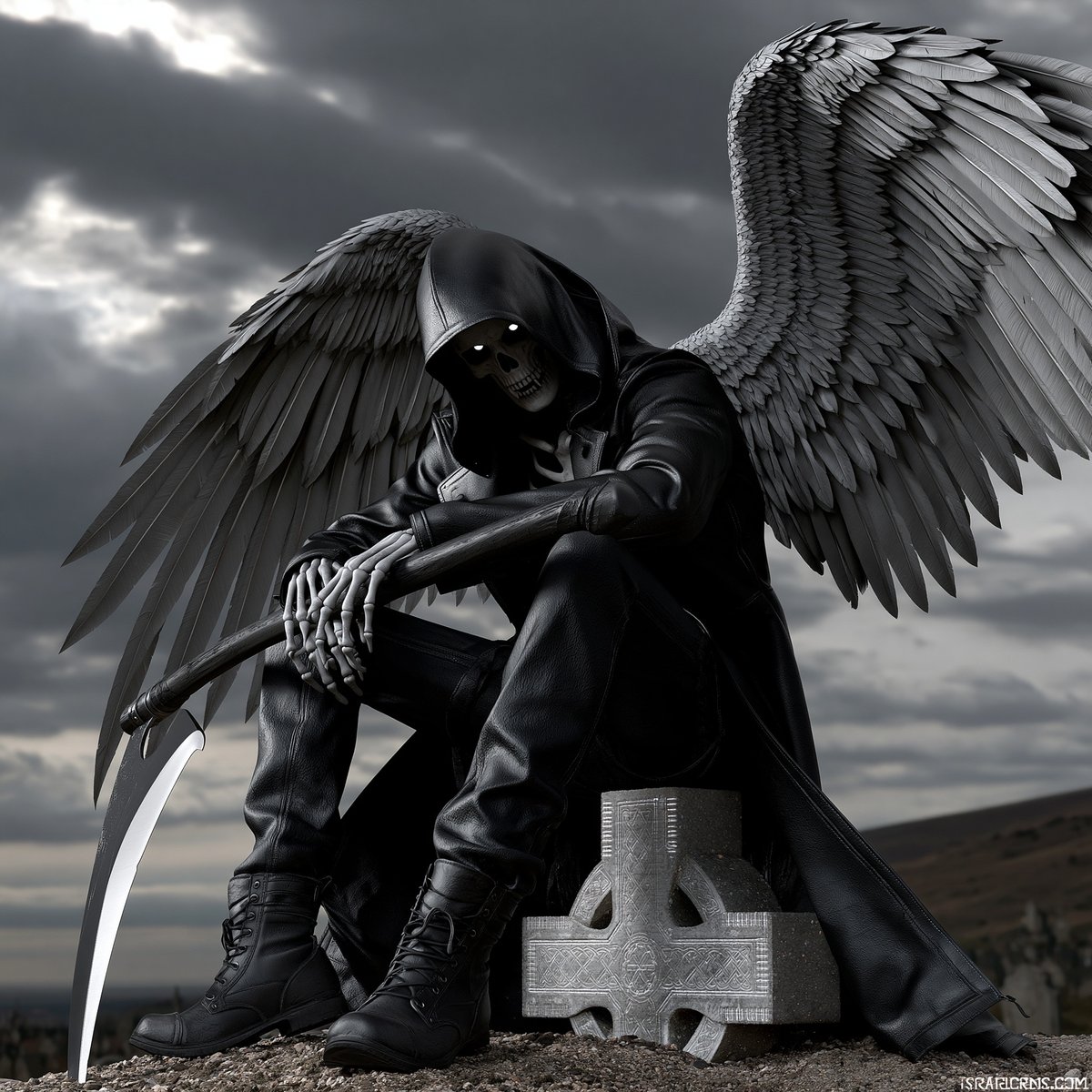 Hooded skeletal figure with feathered wings holding scythe on stone grave marker, monochrome gothic