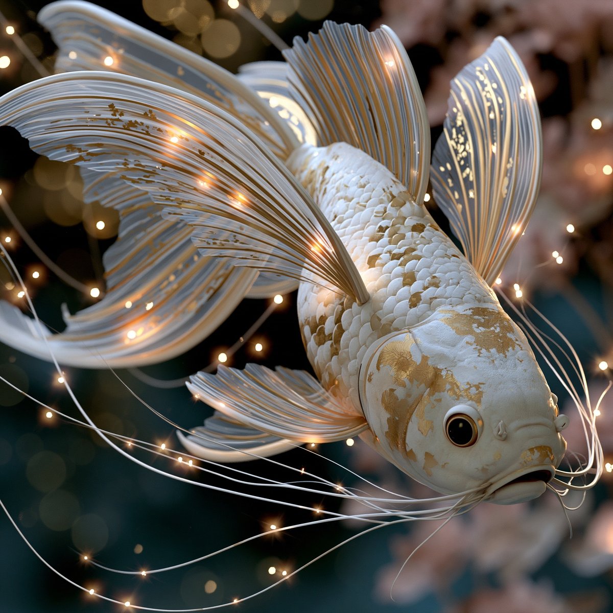 White and gold koi fish with flowing fins and glowing warm lights against deep teal background