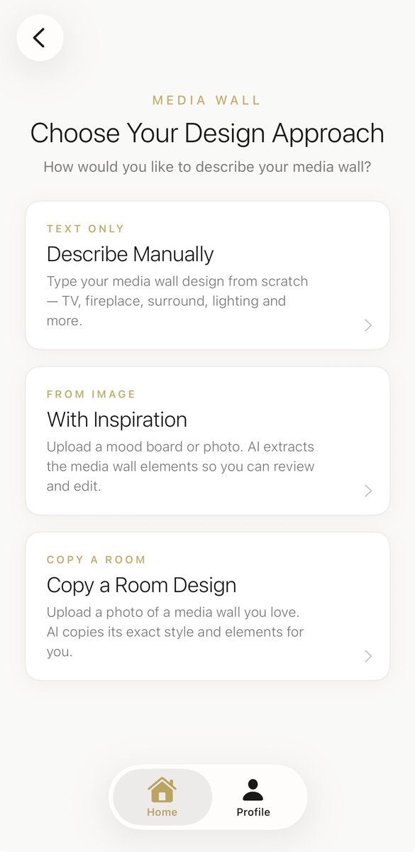 Aspire Interiors app screen showing inspiration methods: Describe Manually, Upload Image, Copy Room Design