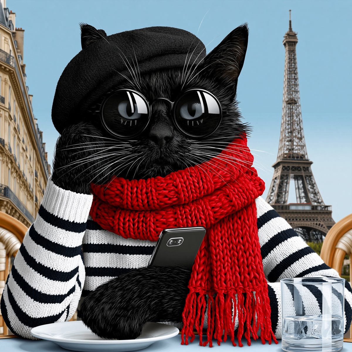 Black cat wearing beret and red scarf at Paris café table with Eiffel Tower behind
