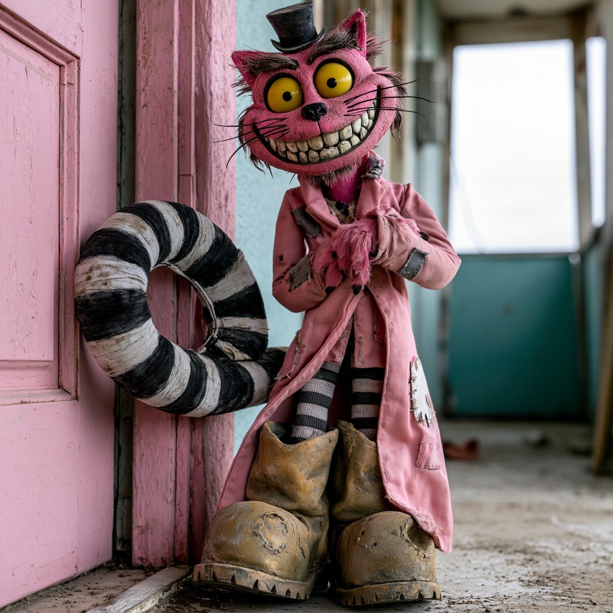 Bubble-gum pink cat puppet with black top hat, yellow eyes, and brown boots leaning against pink doorframe