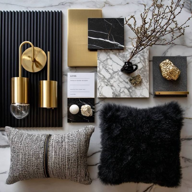 Physical flatlay mood board with brass pendant lamp, marble surface, black fabric textures, charcoal and black cushions