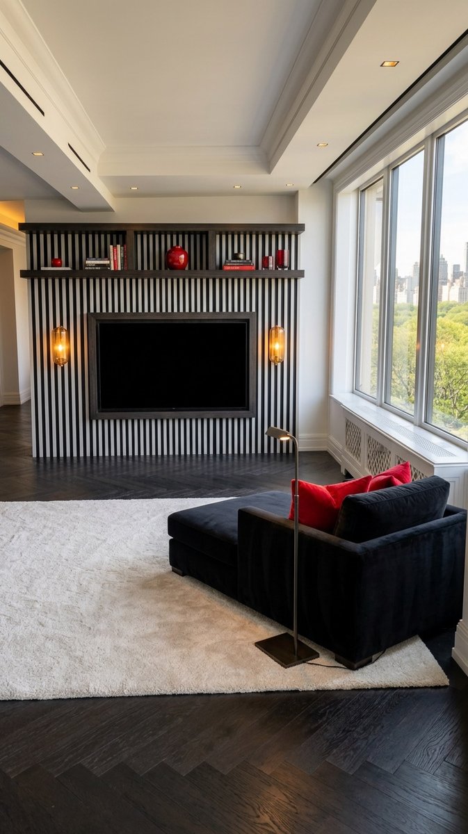 AI-generated bold contemporary living room with black and white slatted feature wall, black sofa, and amber sconces