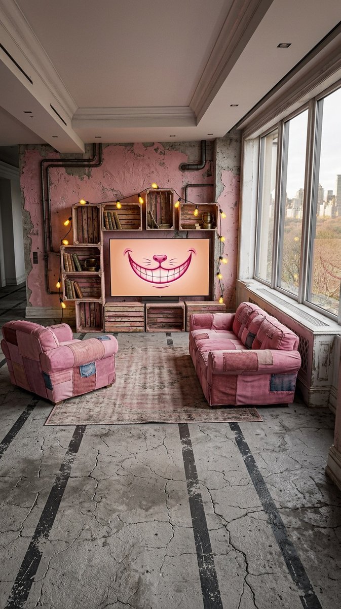 AI-generated playful living room with pink walls, round mid-century sofa, yellow teardrop coffee table, and geometric wall panels