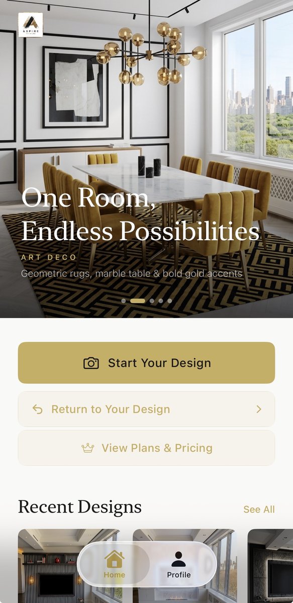 Aspire Interiors app home screen showing Start Your Design button and hero dining room image