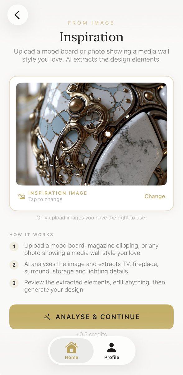 Aspire Interiors app screen showing uploaded random inspiration image with ornate gold and marble decorative surface