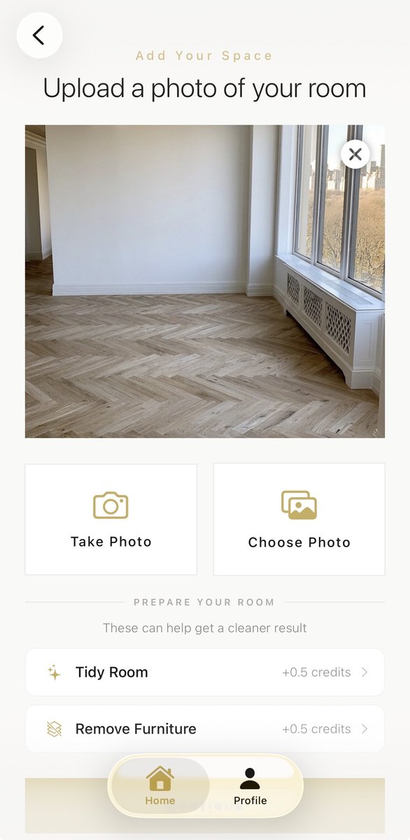 Aspire Interiors app screen showing room photo upload with Take Photo and Choose Photo options