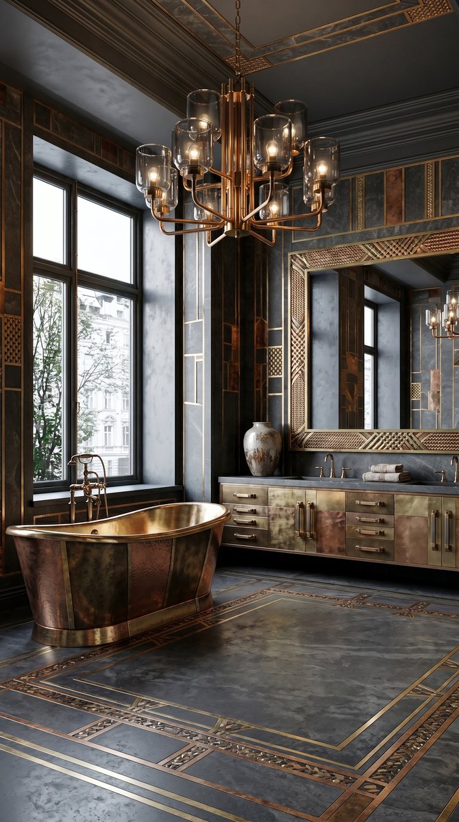 AI-generated Classic Mixed Metals bathroom with brass, copper, and bronze panels, mixed metals bathtub, and charcoal stone walls